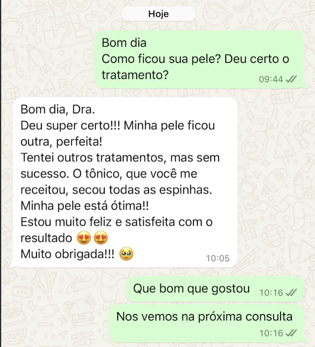 Print de WhatsApp — paciente super satisfeita com resultado do tratamento