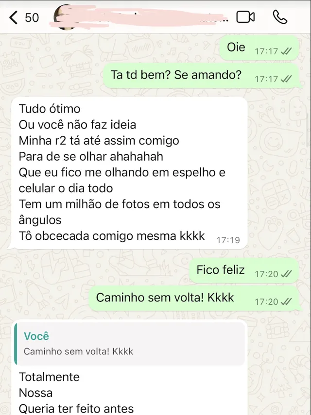 Print de WhatsApp — paciente obcecada com resultado, queria ter feito antes