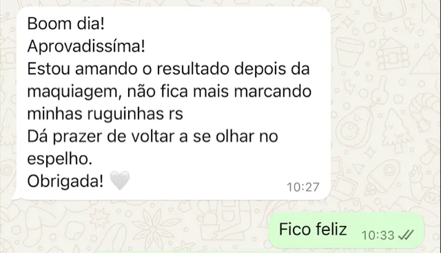 Print de WhatsApp — paciente amando resultado, maquiagem não marca mais ruguinhas