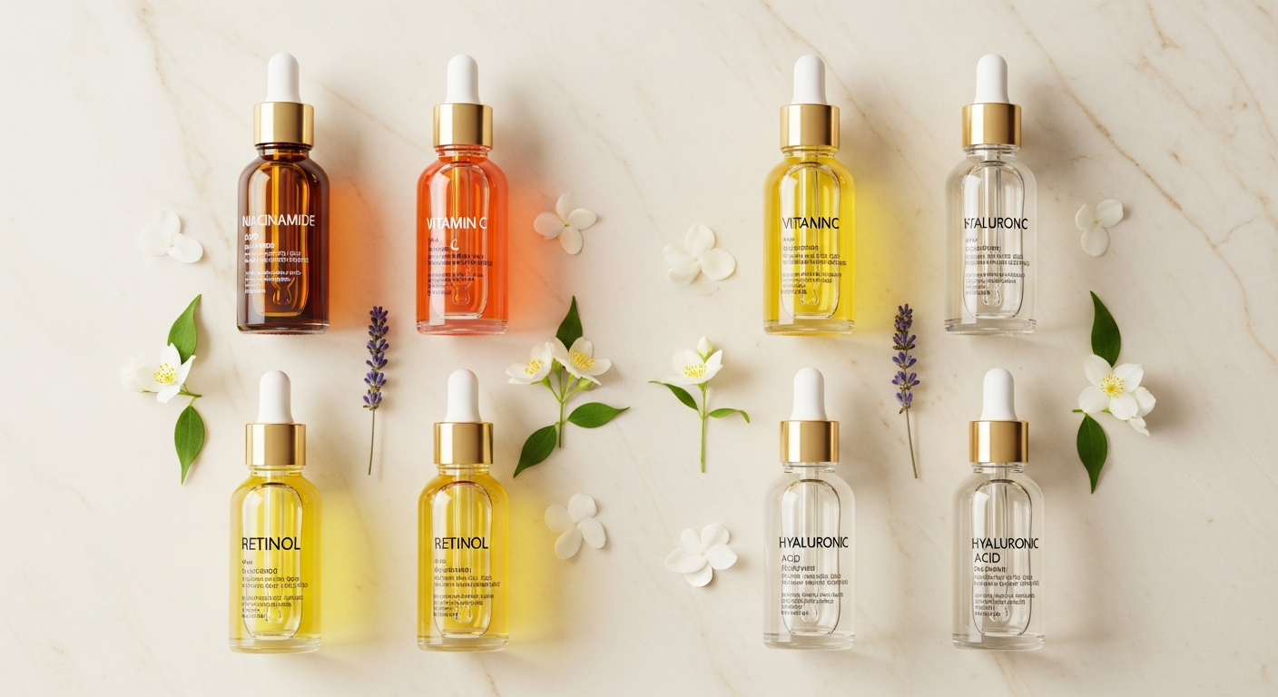 Frascos de sérum: niacinamida, vitamina C, retinol e ácido hialurônico